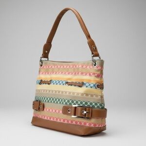 Sag Harbor Vintage Multicolor Striped Canvas Shoulder Bag with Tan Gold Trim EUC